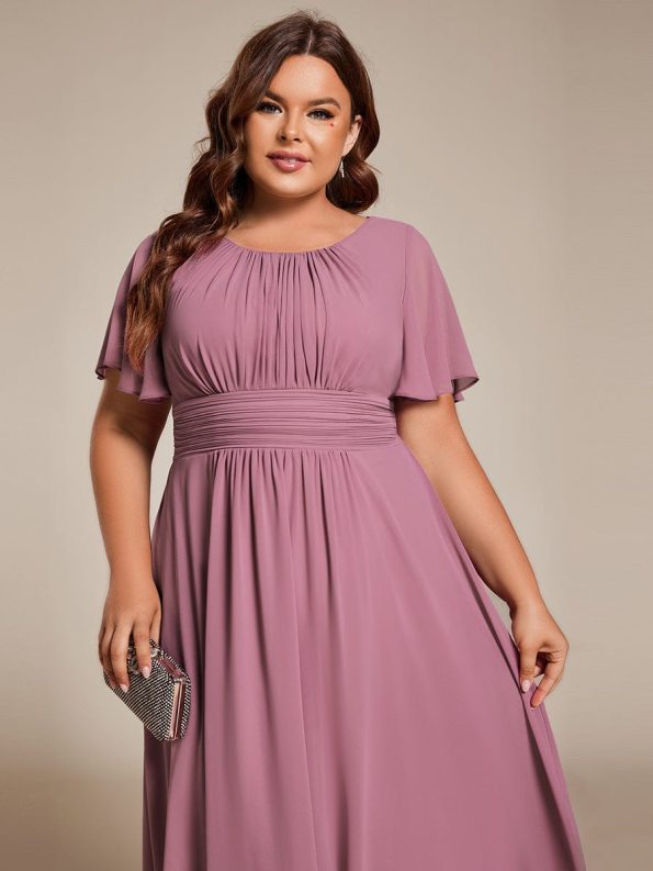 Flowy Chiffon Round Neckline A-Line Knee Length Wedding Guest Dress - Purple Orchid