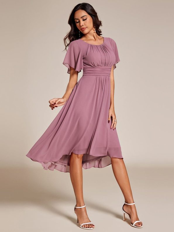 Flowy Chiffon Round Neckline A-Line Knee Length Wedding Guest Dress - Purple Orchid