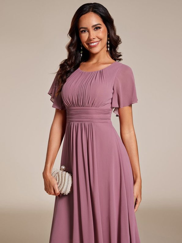 Flowy Chiffon Round Neckline A-Line Knee Length Wedding Guest Dress - Purple Orchid