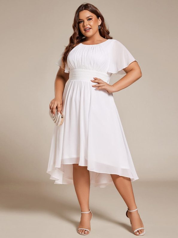 Flowy Chiffon Round Neckline A-Line Knee Length Wedding Guest Dress - White