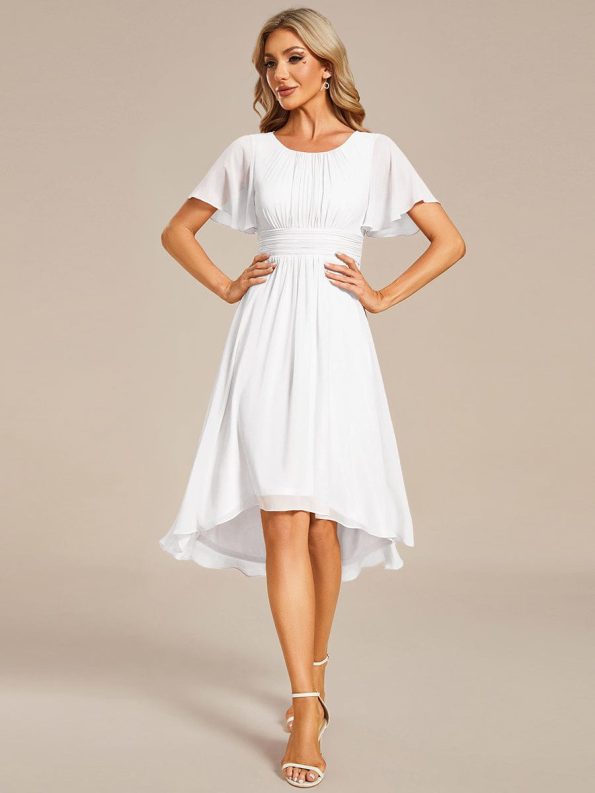 Flowy Chiffon Round Neckline A-Line Knee Length Wedding Guest Dress - White