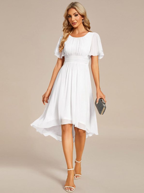 Flowy Chiffon Round Neckline A-Line Knee Length Wedding Guest Dress - White