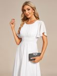 Flowy Chiffon Round Neckline A-Line Knee Length Wedding Guest Dress – White