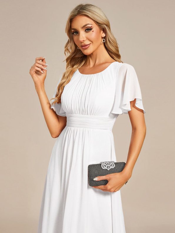 Flowy Chiffon Round Neckline A-Line Knee Length Wedding Guest Dress - White