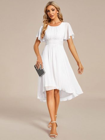 Flowy Chiffon Round Neckline A-Line Knee Length Wedding Guest Dress - White