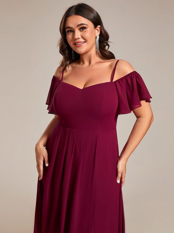 Spaghetti Strap Cold Shoulder Chiffon A-Line Midi Wedding Guest Dress - Burgundy