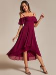 Spaghetti Strap Cold Shoulder Chiffon A-Line Midi Wedding Guest Dress – Burgundy