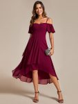 Spaghetti Strap Cold Shoulder Chiffon A-Line Midi Wedding Guest Dress – Burgundy