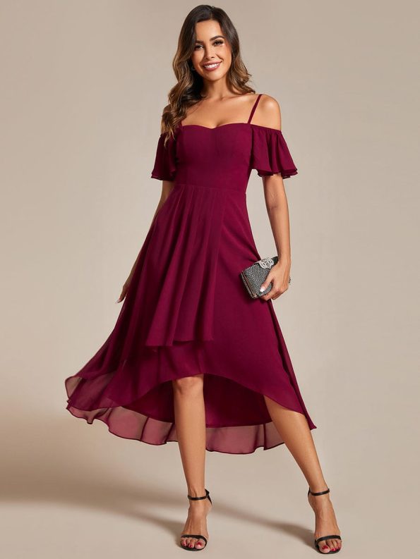 Spaghetti Strap Cold Shoulder Chiffon A-Line Midi Wedding Guest Dress - Burgundy