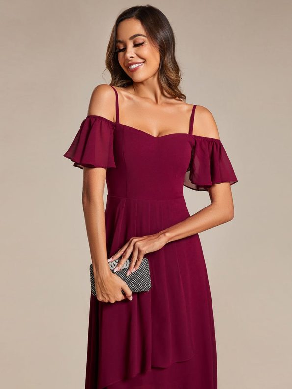 Spaghetti Strap Cold Shoulder Chiffon A-Line Midi Wedding Guest Dress - Burgundy