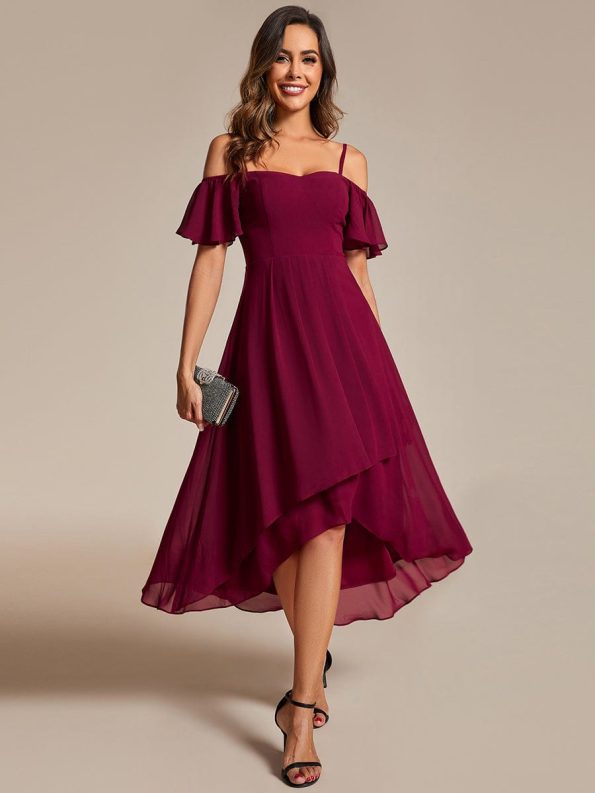 Spaghetti Strap Cold Shoulder Chiffon A-Line Midi Wedding Guest Dress - Burgundy