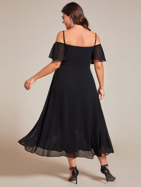 Spaghetti Strap Cold Shoulder Chiffon A-Line Midi Wedding Guest Dress - Black