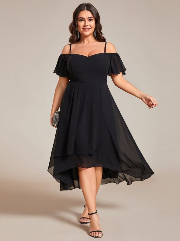 Spaghetti Strap Cold Shoulder Chiffon A-Line Midi Wedding Guest Dress - Black