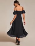 Spaghetti Strap Cold Shoulder Chiffon A-Line Midi Wedding Guest Dress – Black