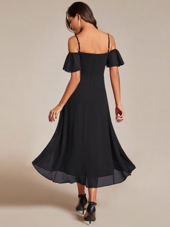 Spaghetti Strap Cold Shoulder Chiffon A-Line Midi Wedding Guest Dress - Black