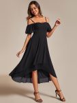 Spaghetti Strap Cold Shoulder Chiffon A-Line Midi Wedding Guest Dress – Black