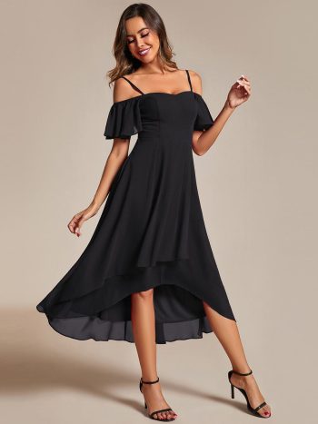 Spaghetti Strap Cold Shoulder Chiffon A-Line Midi Wedding Guest Dress - Black