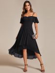 Spaghetti Strap Cold Shoulder Chiffon A-Line Midi Wedding Guest Dress – Black