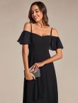 Spaghetti Strap Cold Shoulder Chiffon A-Line Midi Wedding Guest Dress – Black