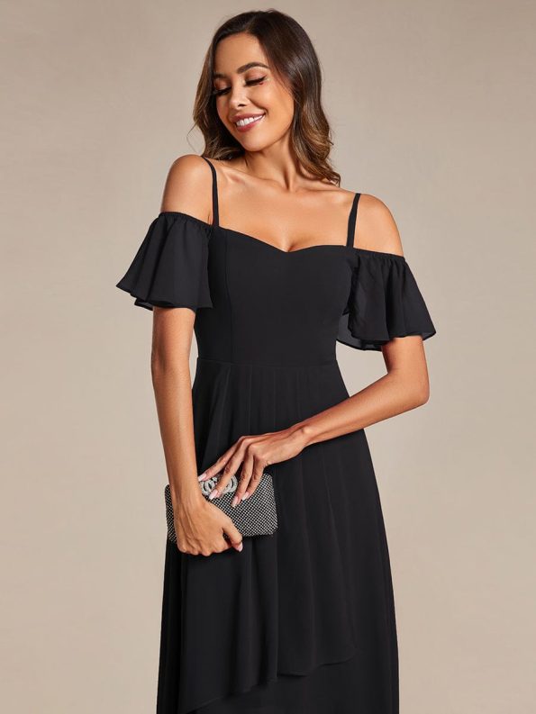 Spaghetti Strap Cold Shoulder Chiffon A-Line Midi Wedding Guest Dress - Black