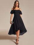 Spaghetti Strap Cold Shoulder Chiffon A-Line Midi Wedding Guest Dress – Black