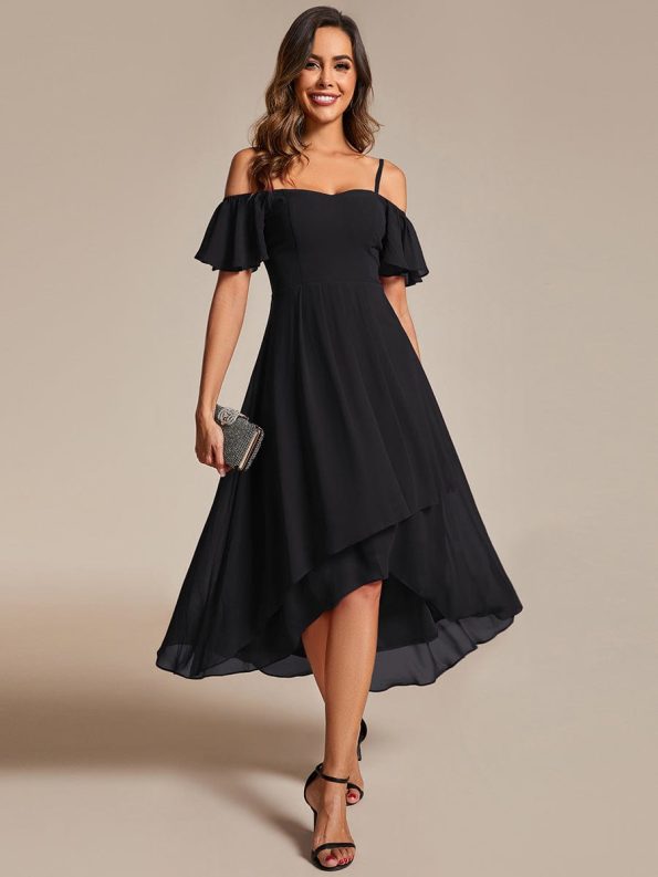 Spaghetti Strap Cold Shoulder Chiffon A-Line Midi Wedding Guest Dress - Black