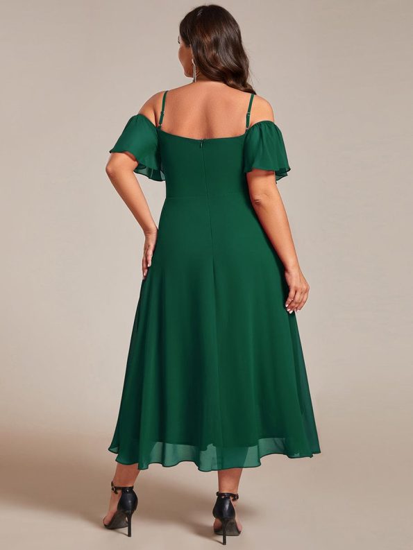 Spaghetti Strap Cold Shoulder Chiffon A-Line Midi Wedding Guest Dress - Dark Green