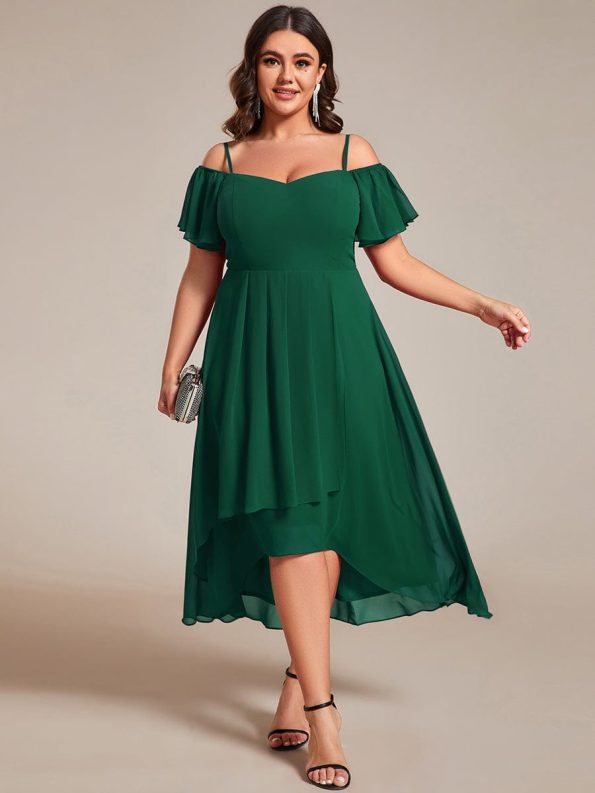 Spaghetti Strap Cold Shoulder Chiffon A-Line Midi Wedding Guest Dress - Dark Green