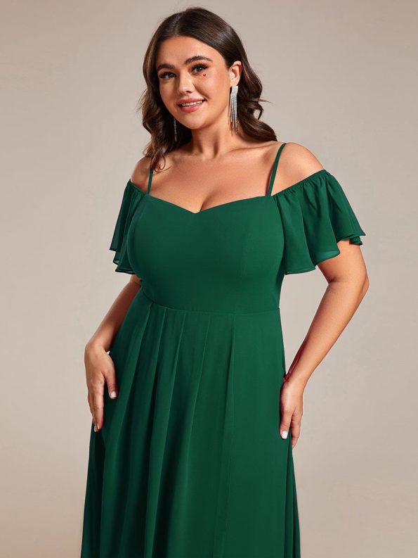 Spaghetti Strap Cold Shoulder Chiffon A-Line Midi Wedding Guest Dress - Dark Green