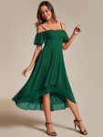 Spaghetti Strap Cold Shoulder Chiffon A-Line Midi Wedding Guest Dress – Dark Green