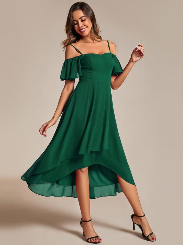 Spaghetti Strap Cold Shoulder Chiffon A-Line Midi Wedding Guest Dress - Dark Green