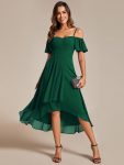 Spaghetti Strap Cold Shoulder Chiffon A-Line Midi Wedding Guest Dress – Dark Green