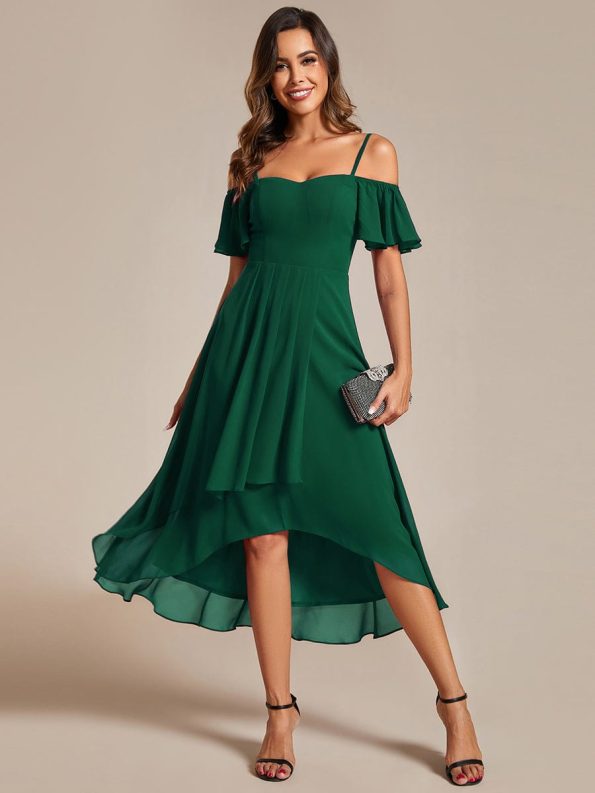 Spaghetti Strap Cold Shoulder Chiffon A-Line Midi Wedding Guest Dress - Dark Green