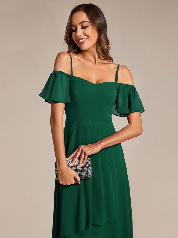 Spaghetti Strap Cold Shoulder Chiffon A-Line Midi Wedding Guest Dress - Dark Green