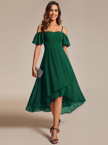 Spaghetti Strap Cold Shoulder Chiffon A-Line Midi Wedding Guest Dress - Dark Green