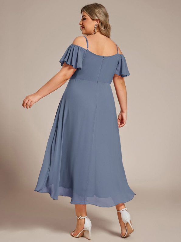 Spaghetti Strap Cold Shoulder Chiffon A-Line Midi Wedding Guest Dress - Dusty Navy