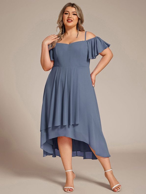 Spaghetti Strap Cold Shoulder Chiffon A-Line Midi Wedding Guest Dress - Dusty Navy