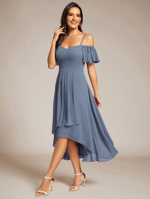 Spaghetti Strap Cold Shoulder Chiffon A-Line Midi Wedding Guest Dress - Dusty Navy