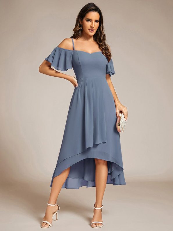 Spaghetti Strap Cold Shoulder Chiffon A-Line Midi Wedding Guest Dress - Dusty Navy