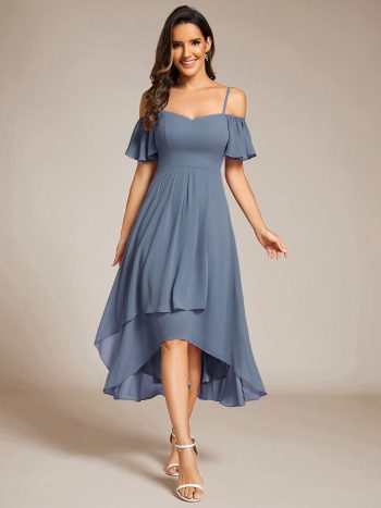 Spaghetti Strap Cold Shoulder Chiffon A-Line Midi Wedding Guest Dress - Dusty Navy