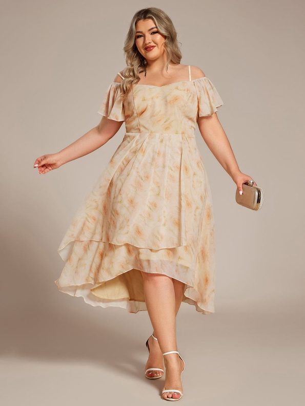 Spaghetti Strap Cold Shoulder Chiffon A-Line Midi Wedding Guest Dress - Golden Roses