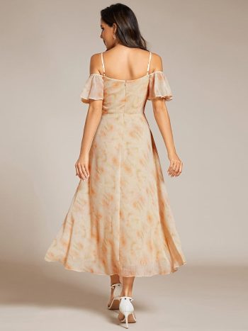 Spaghetti Strap Cold Shoulder Chiffon A-Line Midi Wedding Guest Dress - Golden Roses