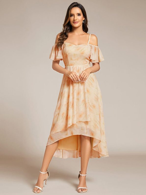 Spaghetti Strap Cold Shoulder Chiffon A-Line Midi Wedding Guest Dress - Golden Roses