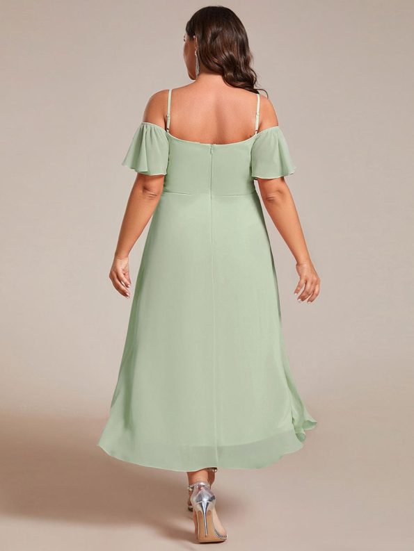 Spaghetti Strap Cold Shoulder Chiffon A-Line Midi Wedding Guest Dress - Mint Green