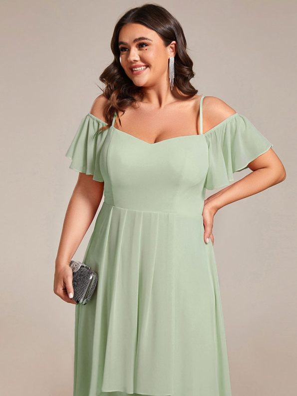 Spaghetti Strap Cold Shoulder Chiffon A-Line Midi Wedding Guest Dress - Mint Green