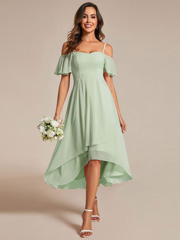 Spaghetti Strap Cold Shoulder Chiffon A-Line Midi Wedding Guest Dress - Mint Green