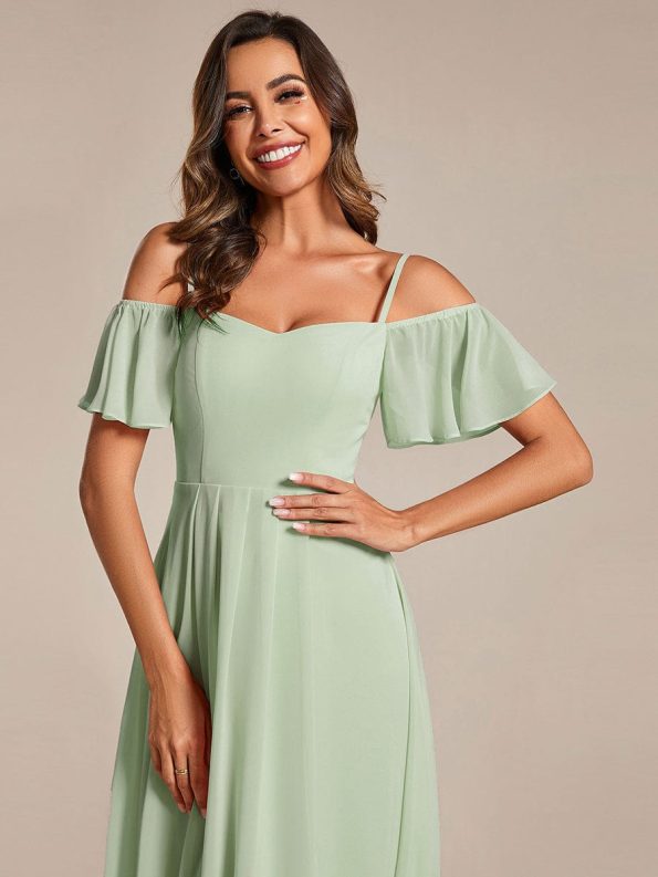 Spaghetti Strap Cold Shoulder Chiffon A-Line Midi Wedding Guest Dress - Mint Green