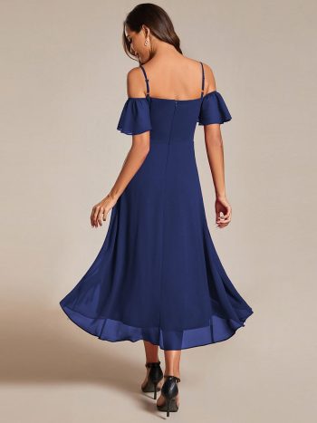 Spaghetti Strap Cold Shoulder Chiffon A-Line Midi Wedding Guest Dress - Navy Blue