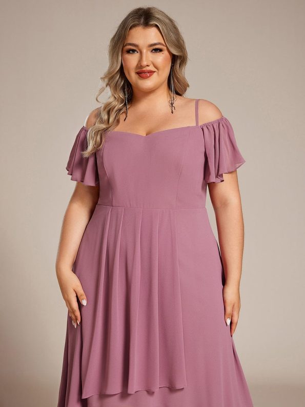 Spaghetti Strap Cold Shoulder Chiffon A-Line Midi Wedding Guest Dress - Purple Orchid