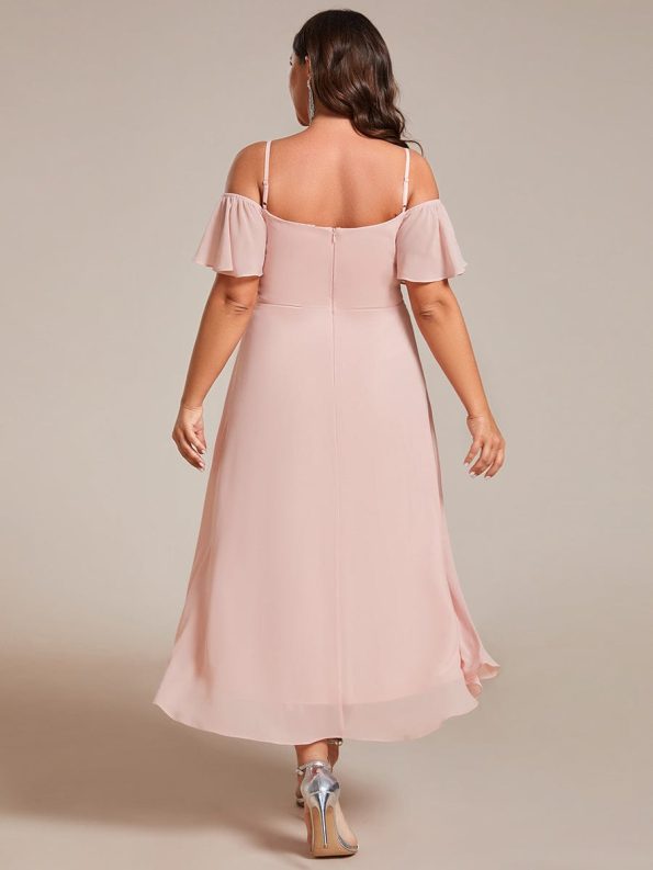 Spaghetti Strap Cold Shoulder Chiffon A-Line Midi Wedding Guest Dress - Pink